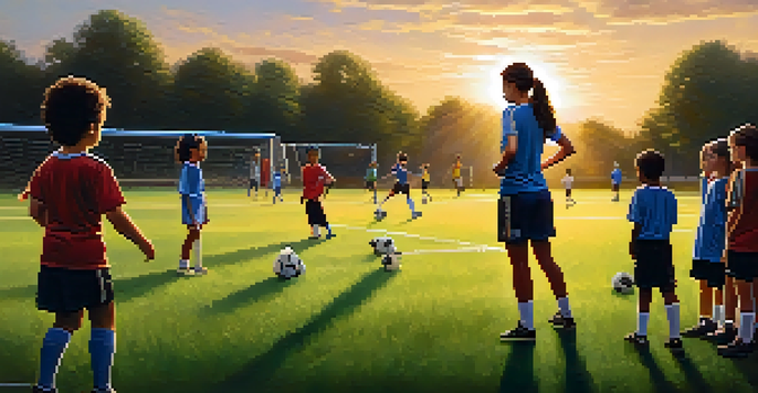 A young female coach teaching soccer techniques to a diverse group of children on a green field during sunset.