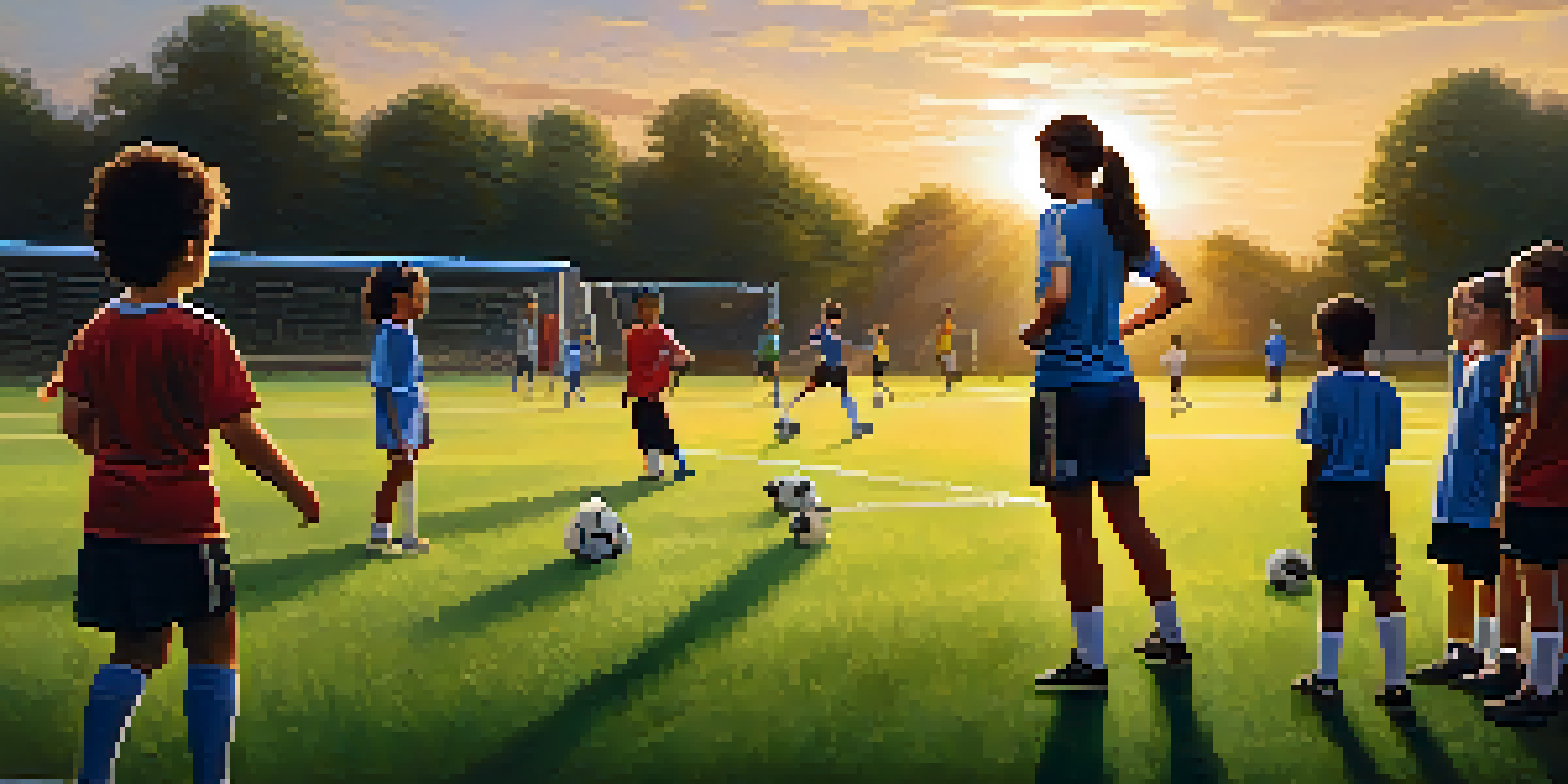 A young female coach teaching soccer techniques to a diverse group of children on a green field during sunset.