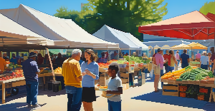 A lively farmers' market scene with diverse people engaging and colorful stalls filled with fresh produce.