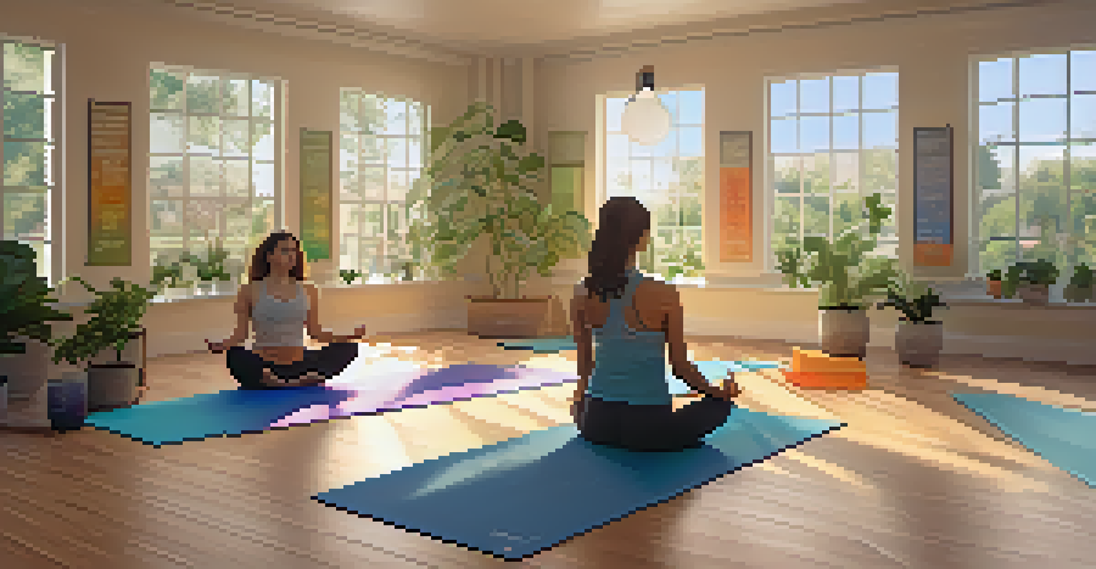 Participants in a serene indoor yoga class, practicing on colorful mats with a calming instructor in a softly lit studio.