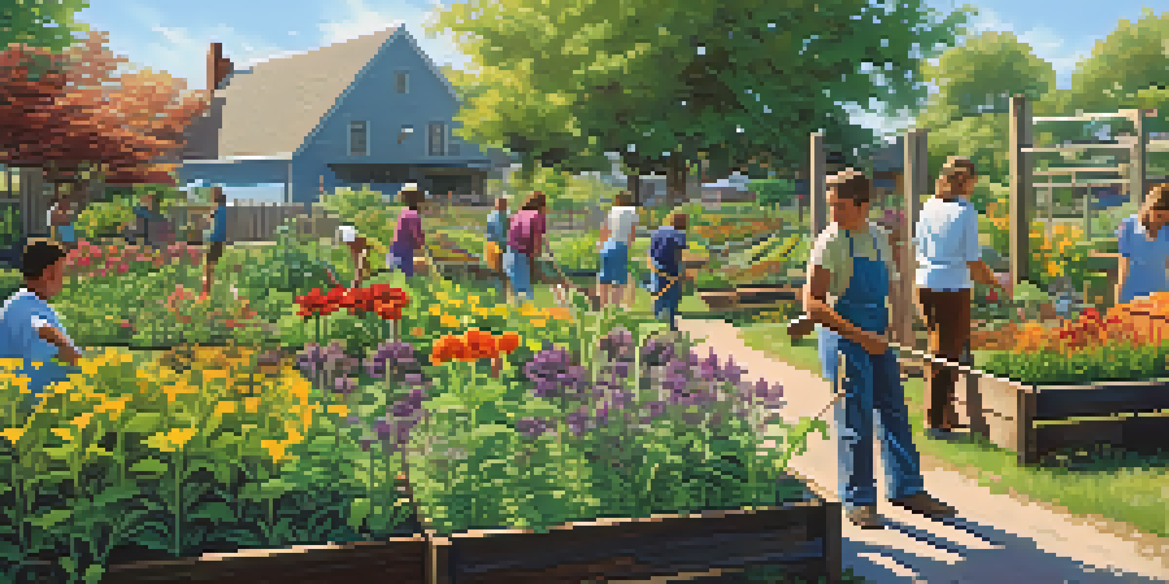A colorful community garden with diverse plants and gardeners working together in the morning light.