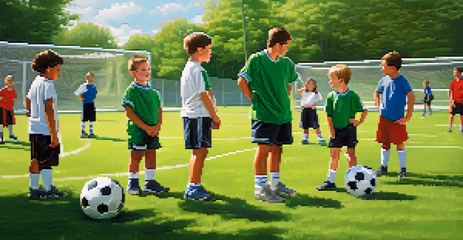 A coach demonstrating a soccer drill to a group of eager children on a bright green soccer field, showcasing teamwork and learning.