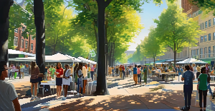A vibrant urban park with diverse community members engaging with interactive mapping displays under sunlight filtering through trees.
