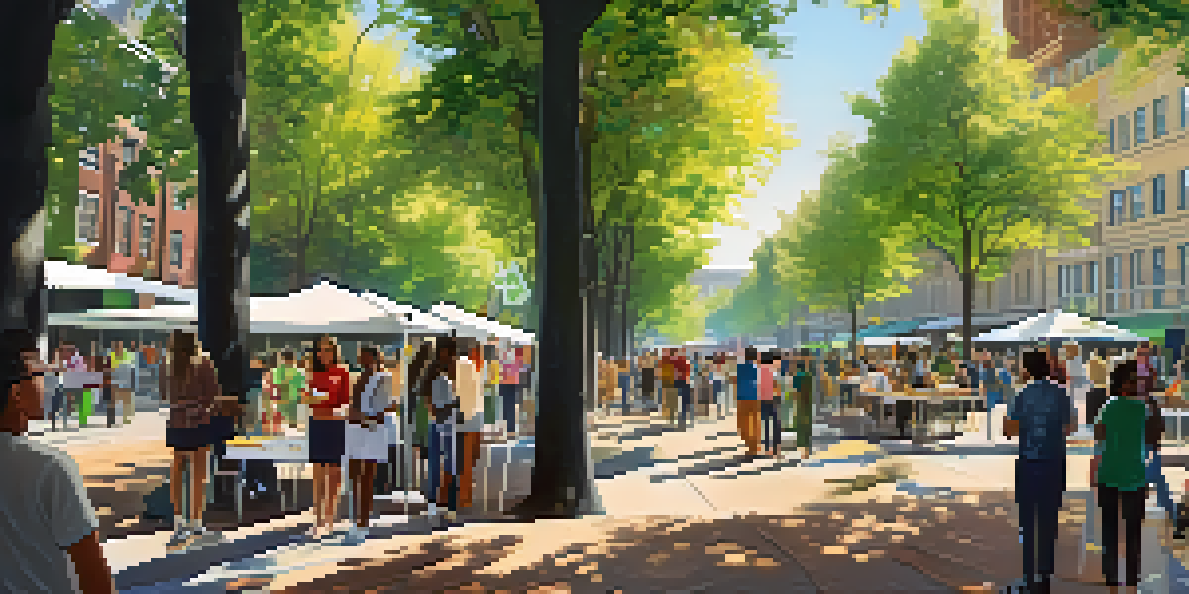 A vibrant urban park with diverse community members engaging with interactive mapping displays under sunlight filtering through trees.