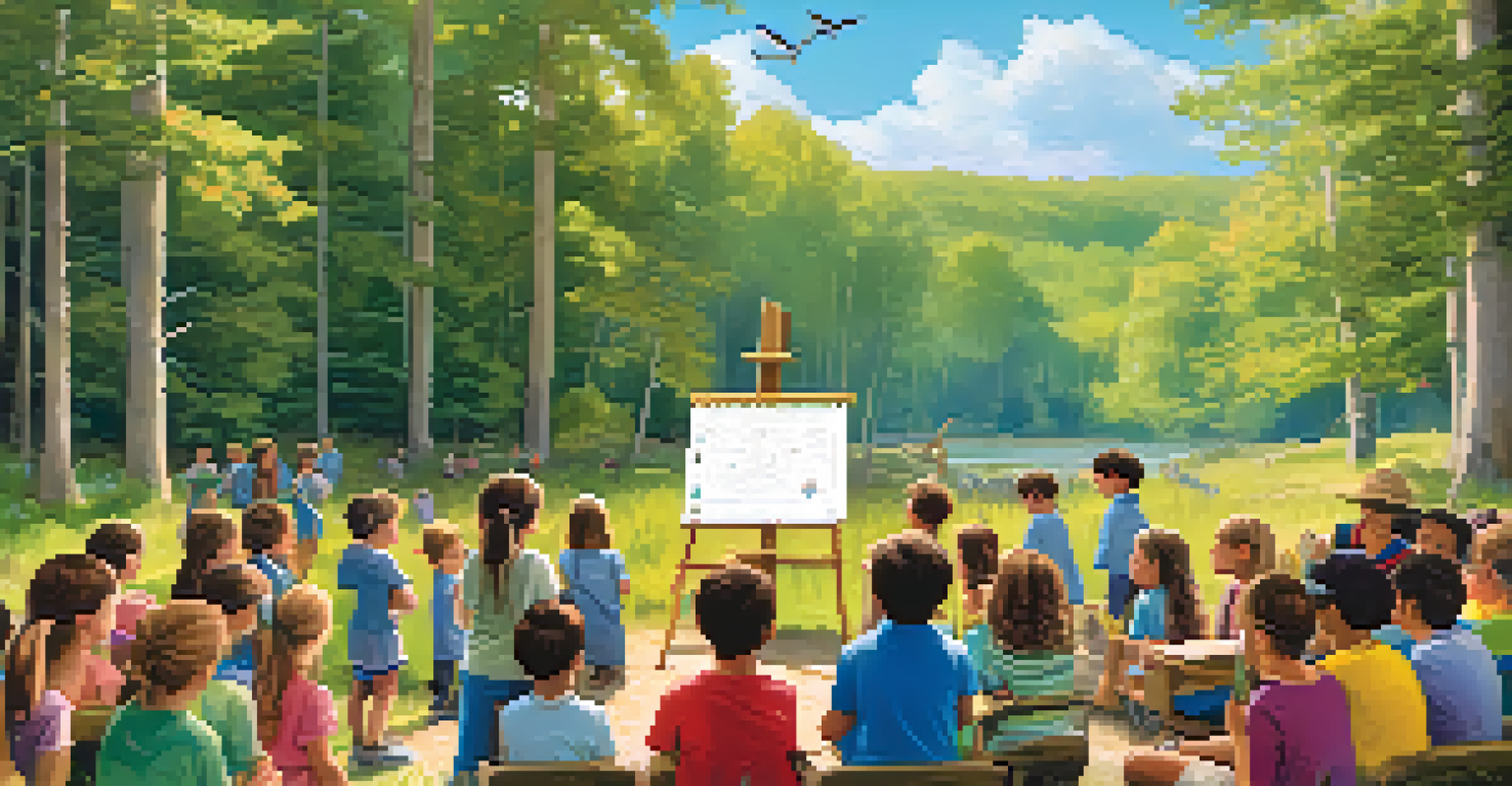 Children learning about nature from a camp counselor in an outdoor classroom setting surrounded by flowers and trees.