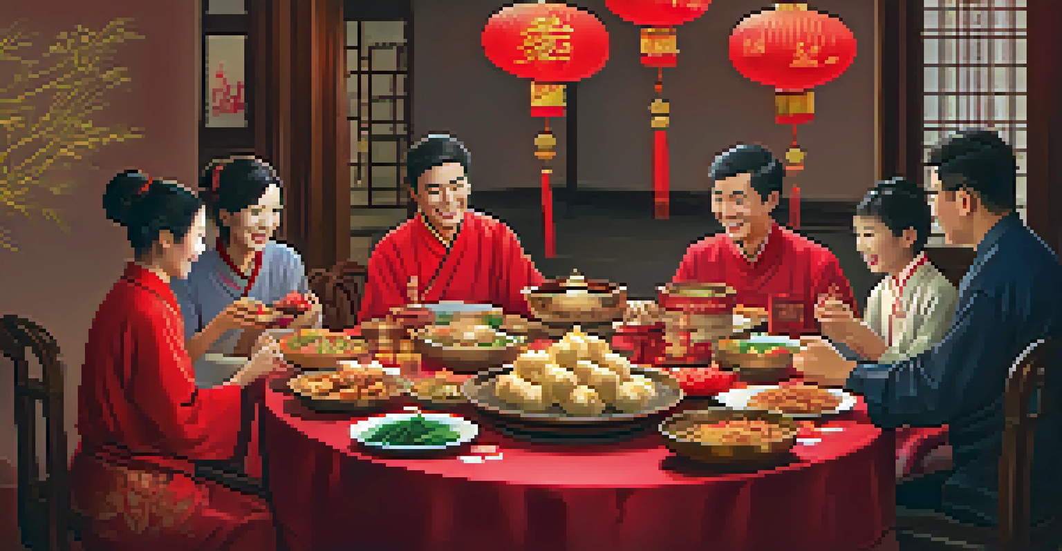 A family gathering for Lunar New Year with traditional food and decorations.