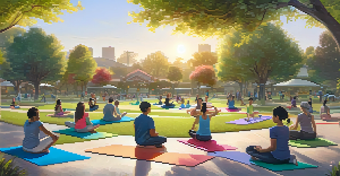 A diverse group of people practicing yoga in a community park, with children playing nearby and trees in the background, illuminated by warm sunset light.