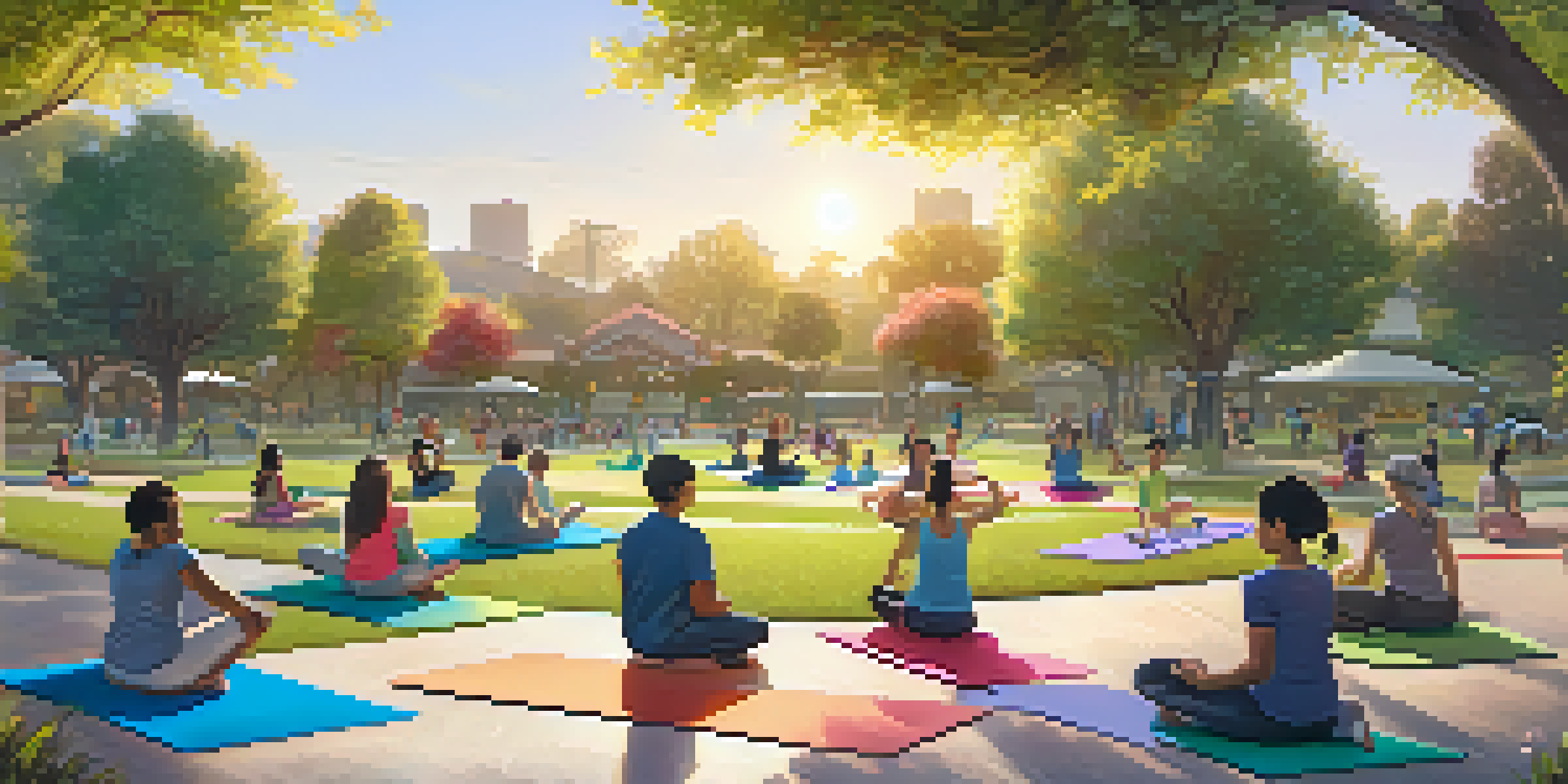 A diverse group of people practicing yoga in a community park, with children playing nearby and trees in the background, illuminated by warm sunset light.