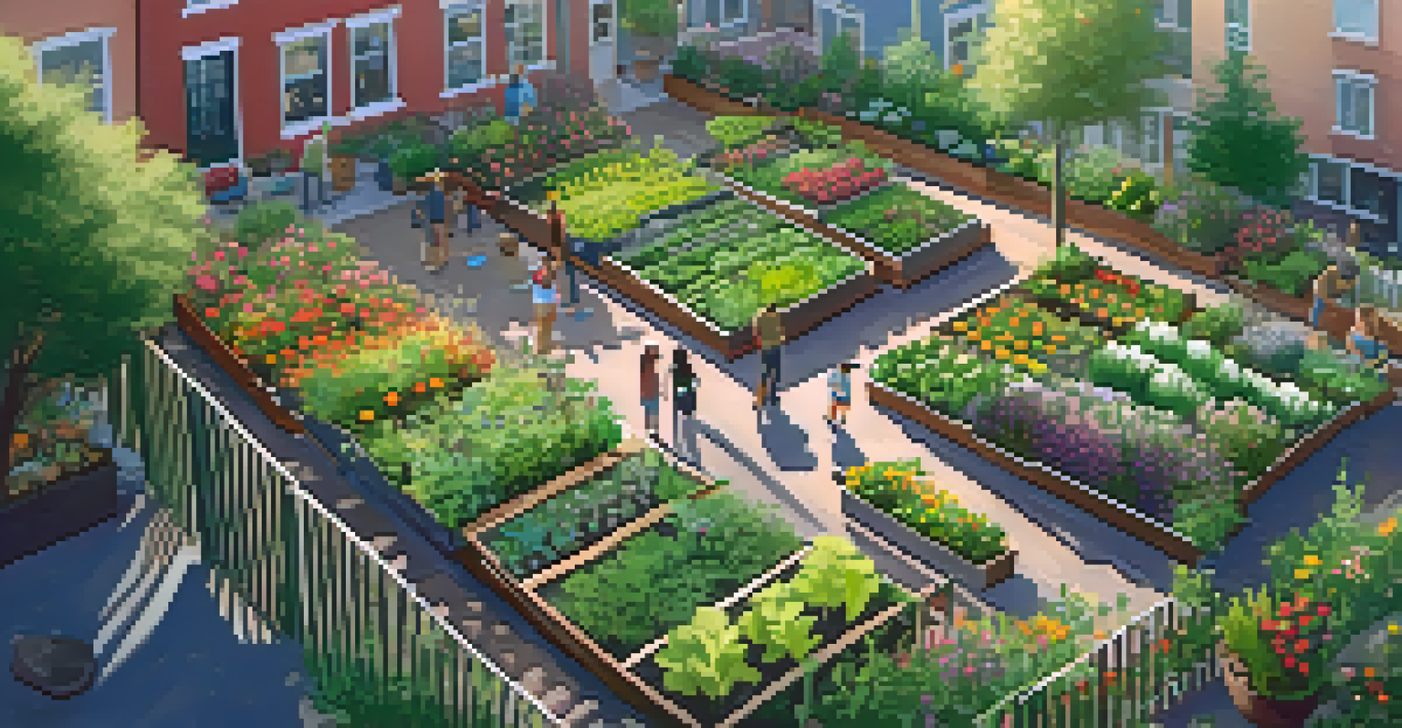 A community garden from above, showing raised beds of vegetables and flowers with people gardening.