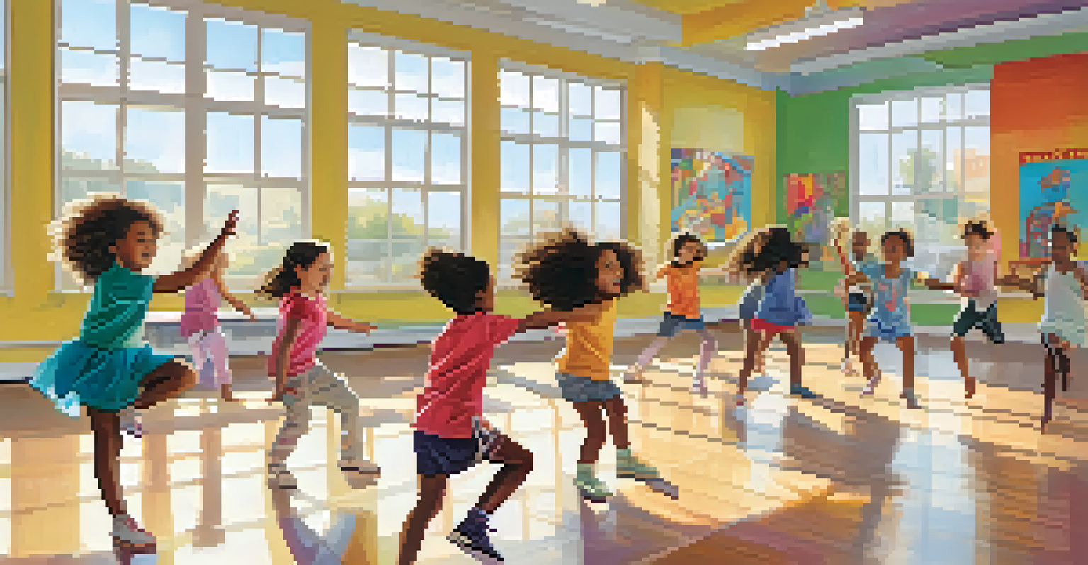 A diverse group of children participating in a lively dance class in a colorful studio filled with natural light.