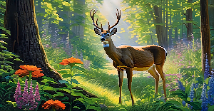 A peaceful forest scene with a deer eating grass, surrounded by wildflowers and trees, with birds in the branches.