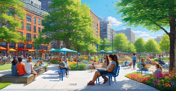 A lively urban park with wide pathways, colorful seating, and diverse individuals enjoying the space, surrounded by trees and flowers under a clear sky.