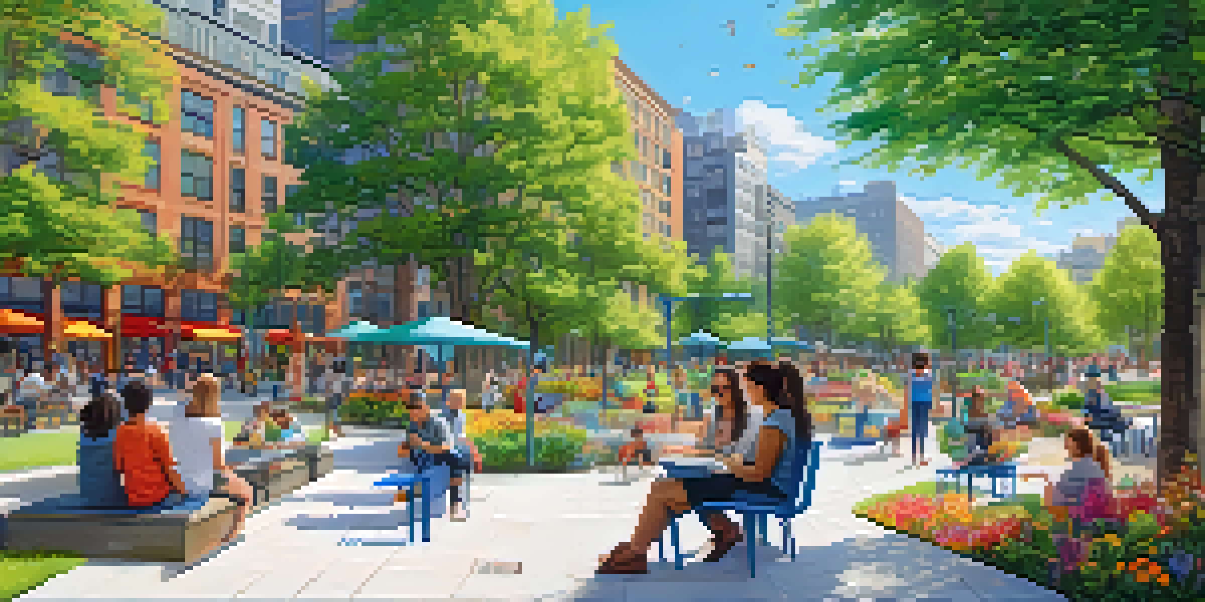 A lively urban park with wide pathways, colorful seating, and diverse individuals enjoying the space, surrounded by trees and flowers under a clear sky.