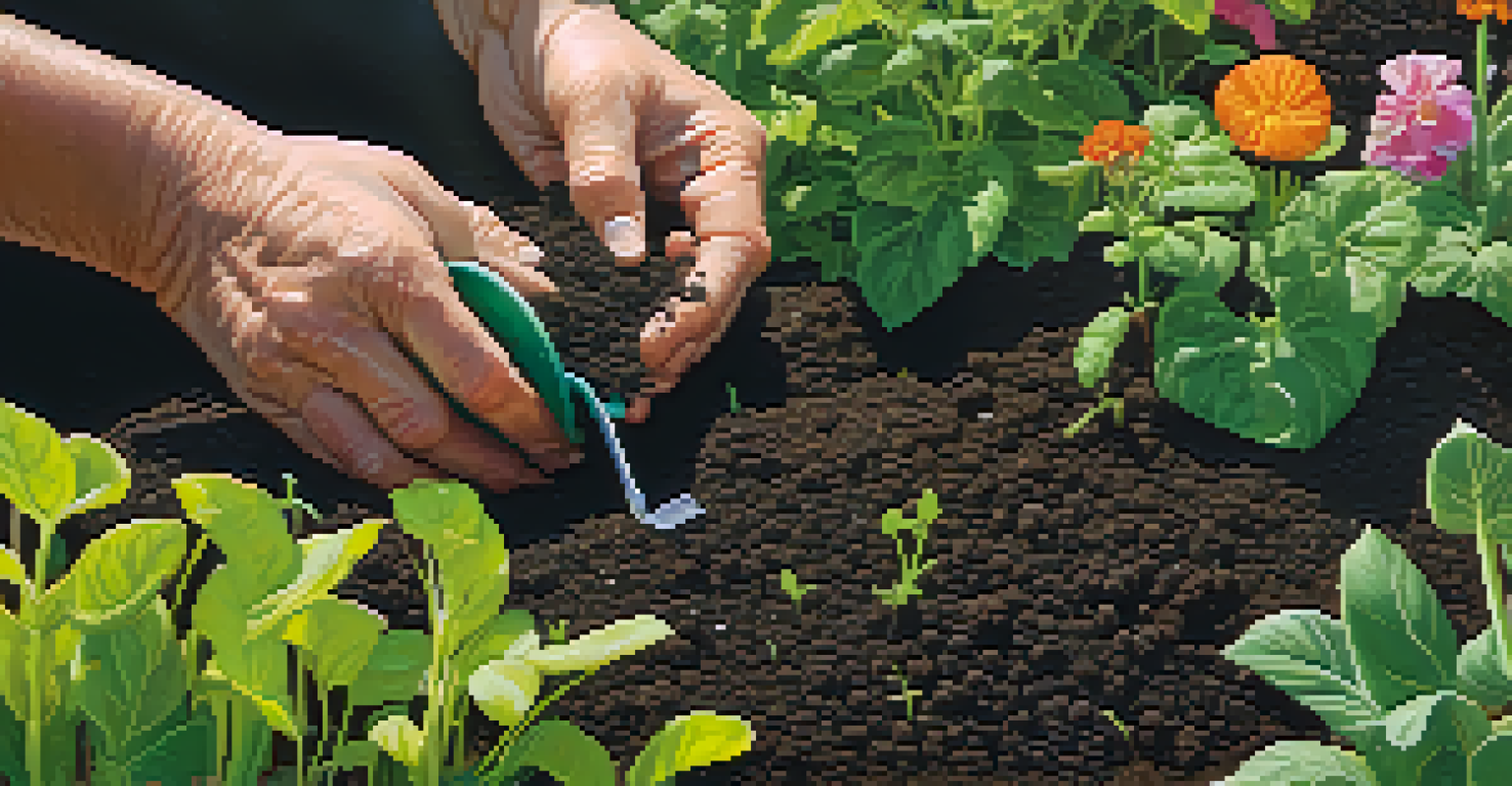Close-up of hands planting seeds in soil in a community garden.
