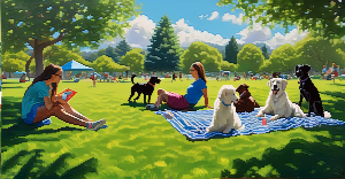 A lively park scene where dogs are playing together while their owners socialize on a sunny day.