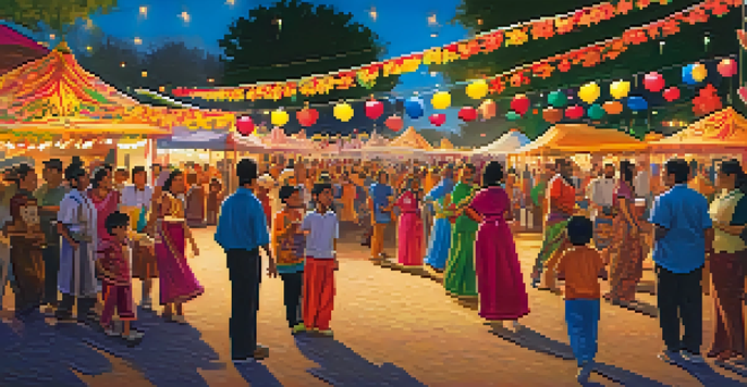 A lively cultural festival in Cupertino with diverse people enjoying traditional attire, food stalls, and dancing under a warm sunset.