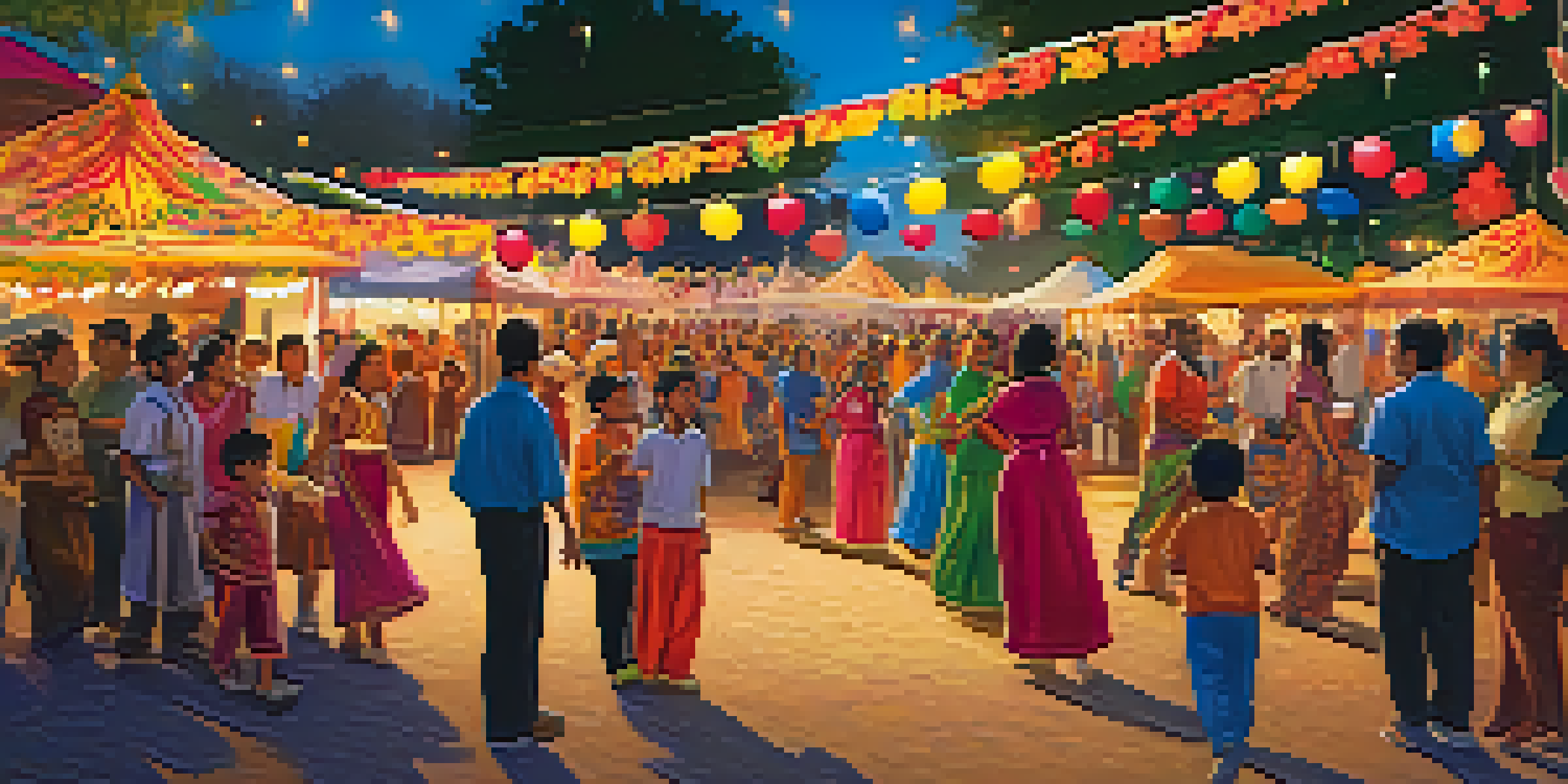 A lively cultural festival in Cupertino with diverse people enjoying traditional attire, food stalls, and dancing under a warm sunset.