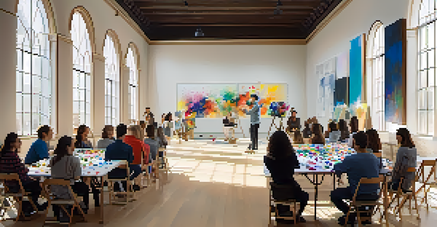 An artist leading a workshop in a bright gallery, demonstrating painting techniques to an engaged group of participants amidst colorful art supplies.