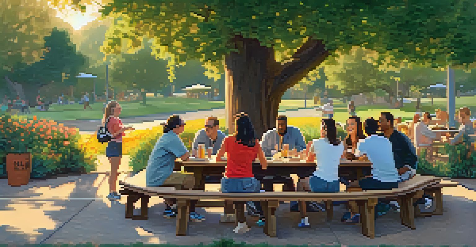 A group of friends sitting at picnic tables in a park, laughing and sharing refreshments after a sports game, surrounded by greenery.