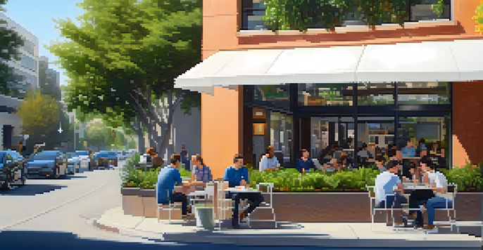 A bustling street scene in Cupertino with young professionals working outside a café, surrounded by modern buildings and greenery under bright sunlight.