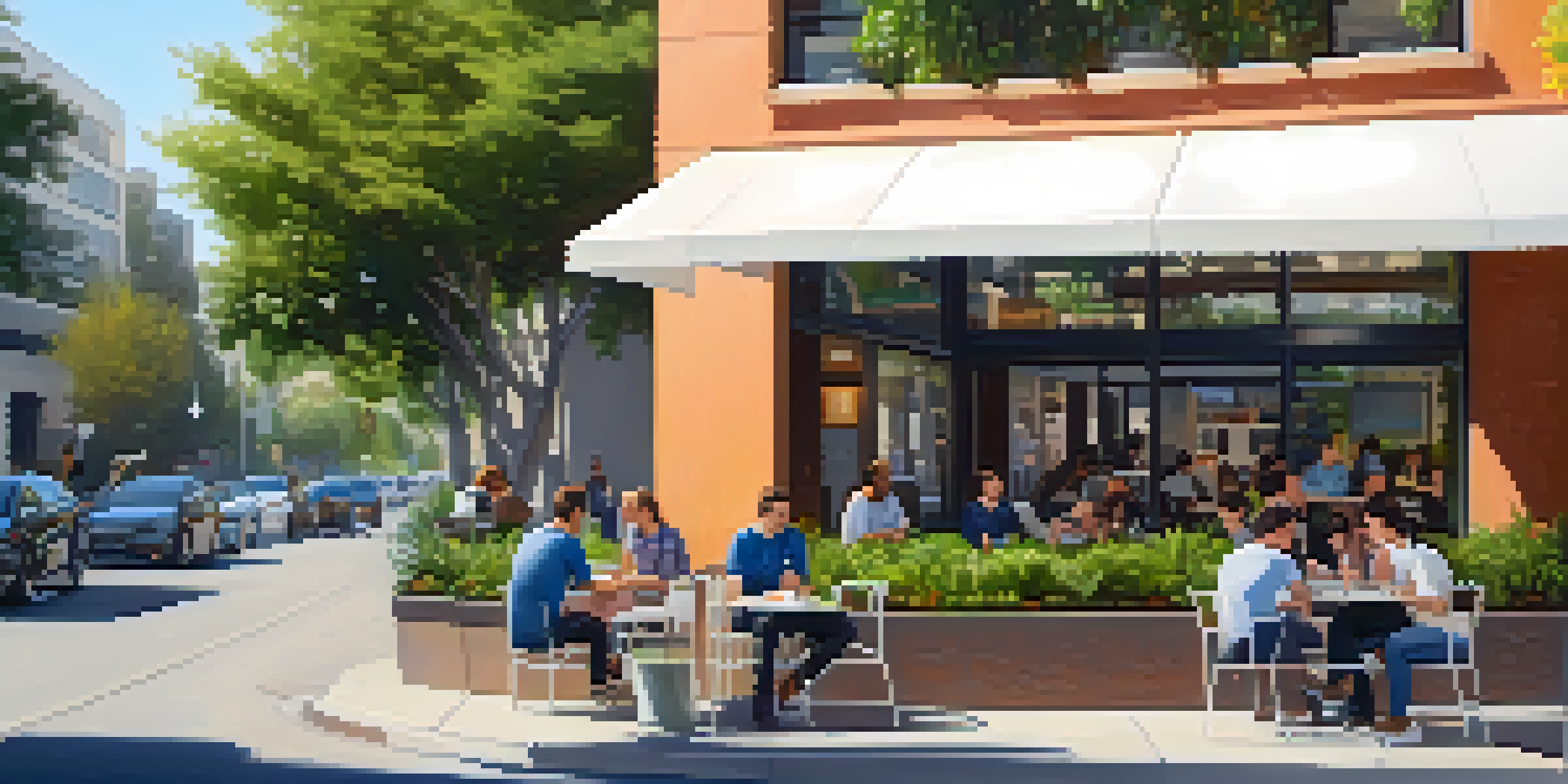 A bustling street scene in Cupertino with young professionals working outside a café, surrounded by modern buildings and greenery under bright sunlight.