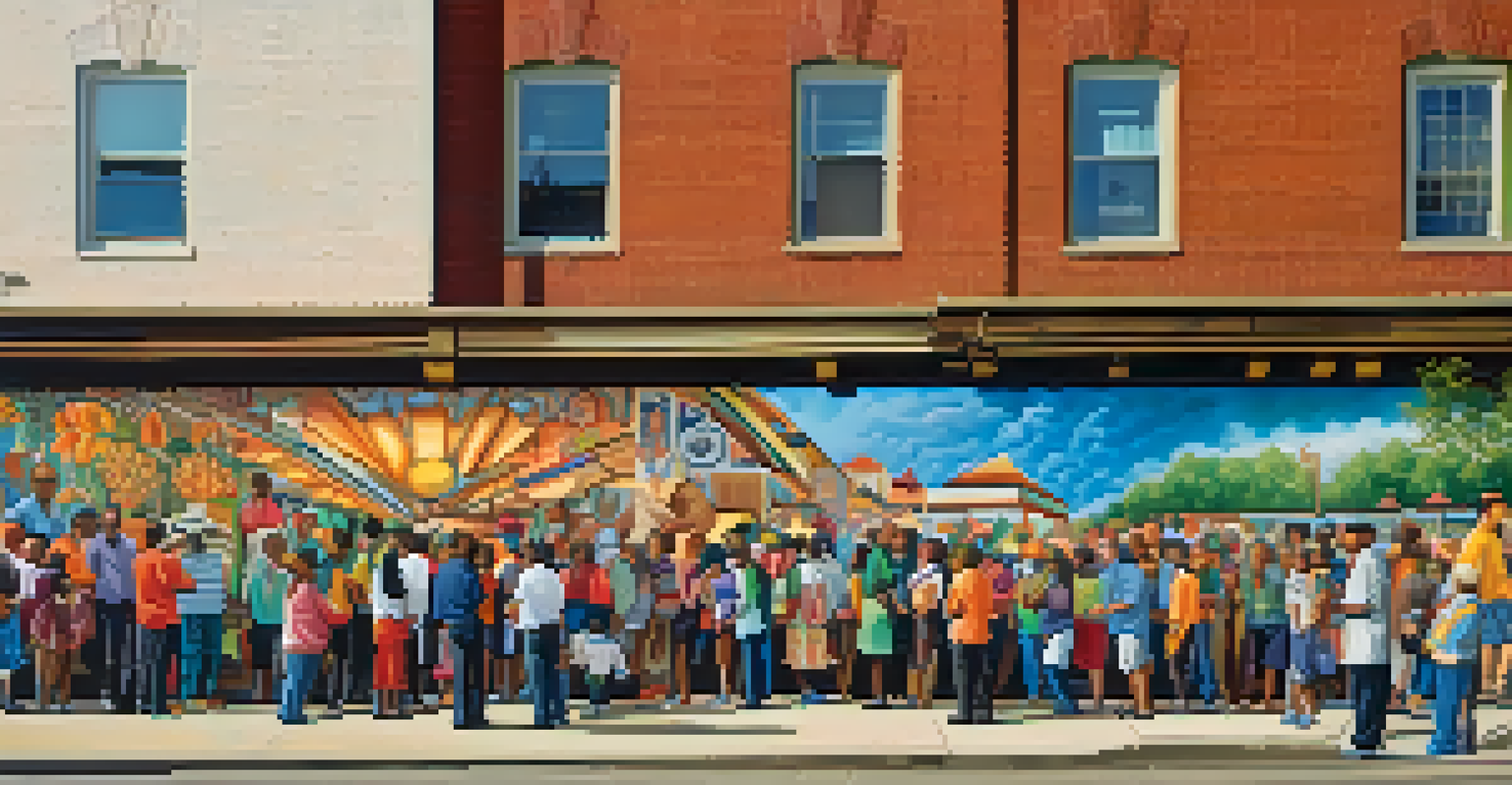 A colorful community mural on a building depicting local history, with residents admiring the artwork.