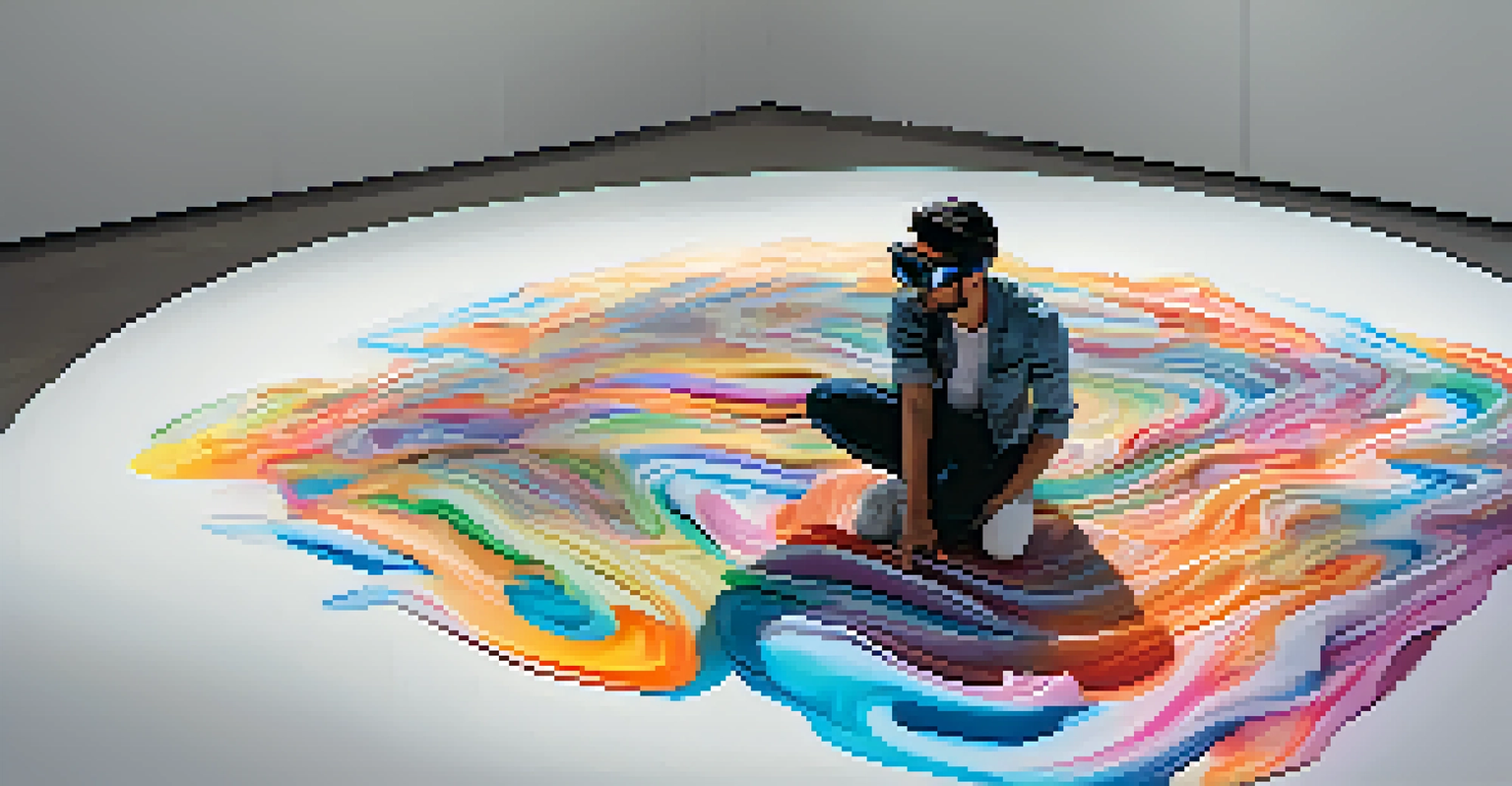 An artist in a modern gallery using augmented reality to create a 3D digital sculpture.