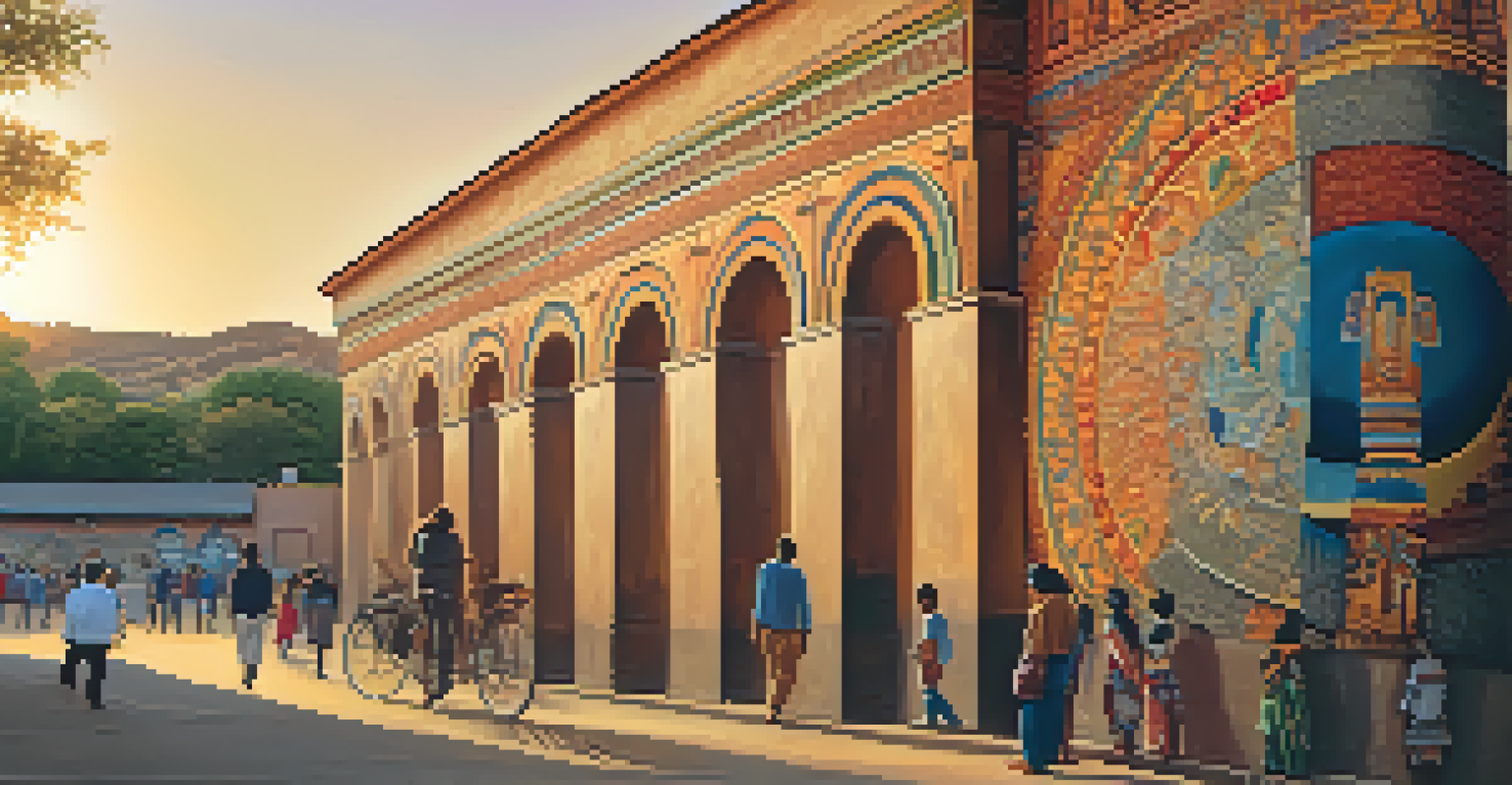 A colorful mural depicting local culture and heritage on a city wall, with people admiring it in warm light.