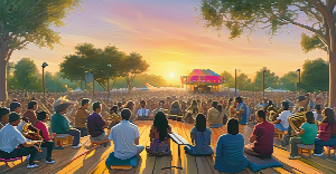 A lively community concert in Cupertino featuring diverse musicians on stage, with an engaged audience and a colorful sunset backdrop.