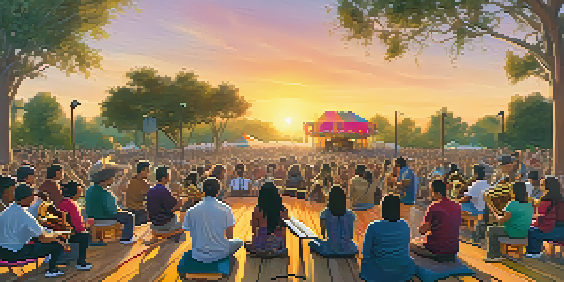 A lively community concert in Cupertino featuring diverse musicians on stage, with an engaged audience and a colorful sunset backdrop.
