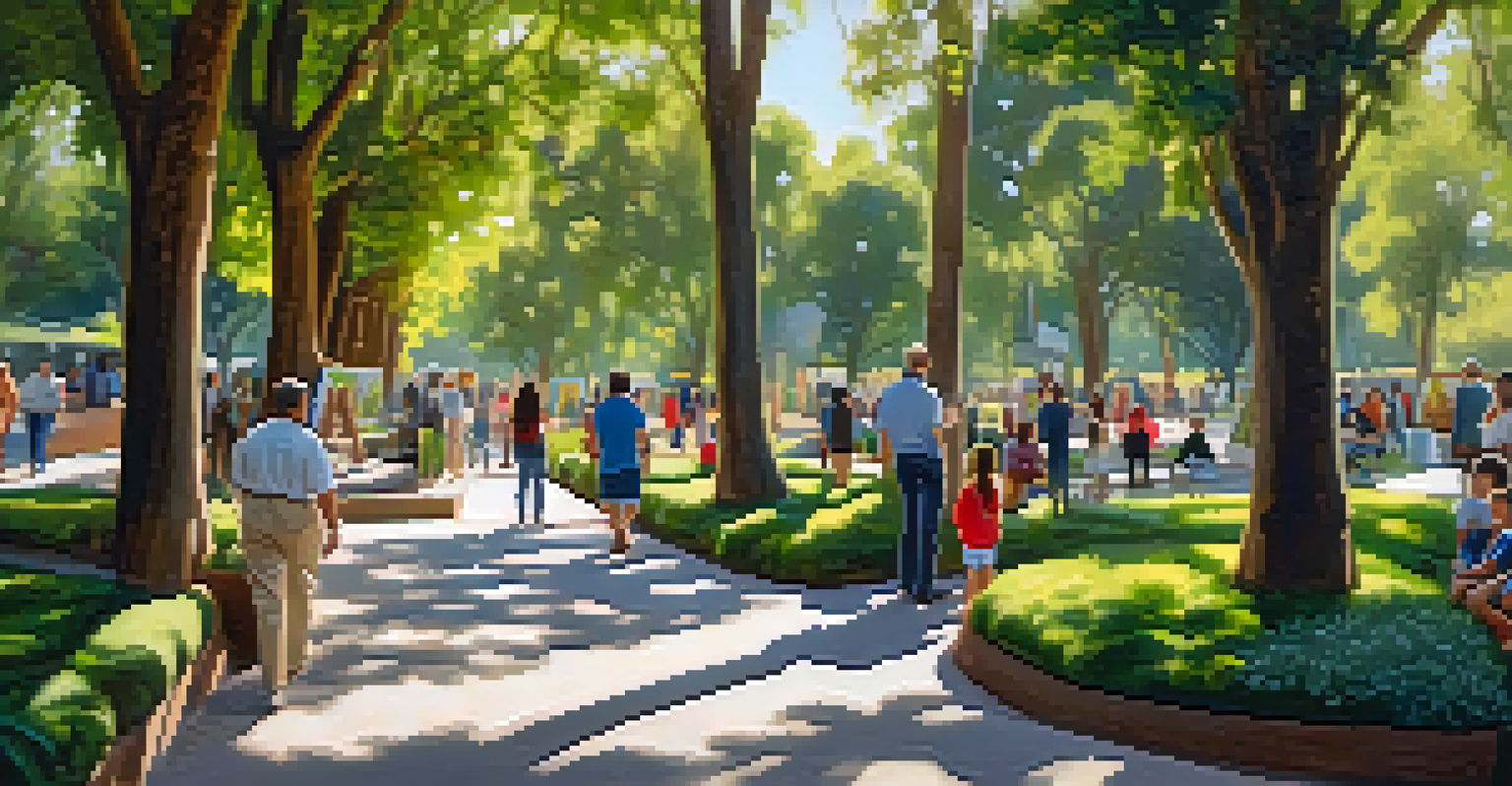 A park with an art exhibit featuring local artists, families enjoying the artwork amidst lush greenery and soft afternoon light.
