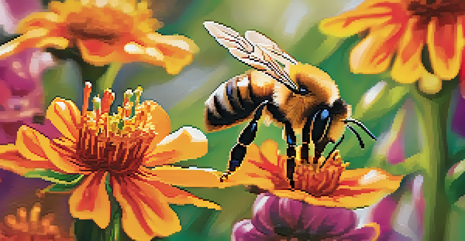A close-up of a bee on a bright flower, showcasing its wings and the vibrant colors of the petals in sunlight.