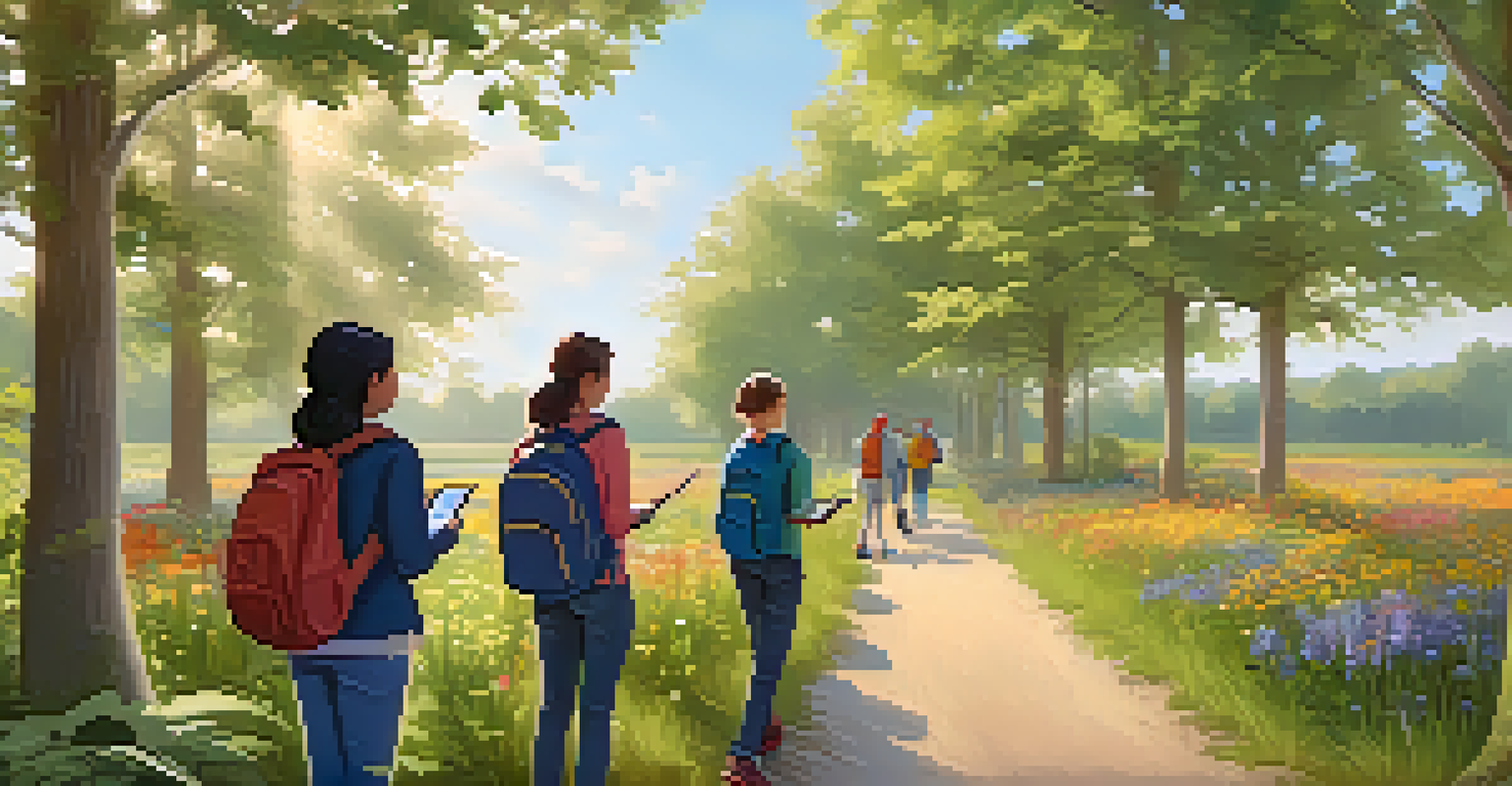Students using tablets to document nature during a walk in a lush, green environment.