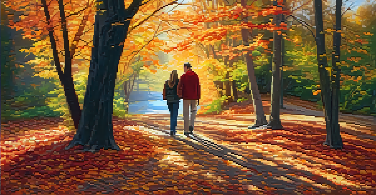 An autumn walking trail with colorful leaves and a couple walking together.