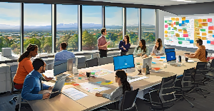 A diverse group of professionals working together in a modern office space with large windows and a view of the Silicon Valley skyline.