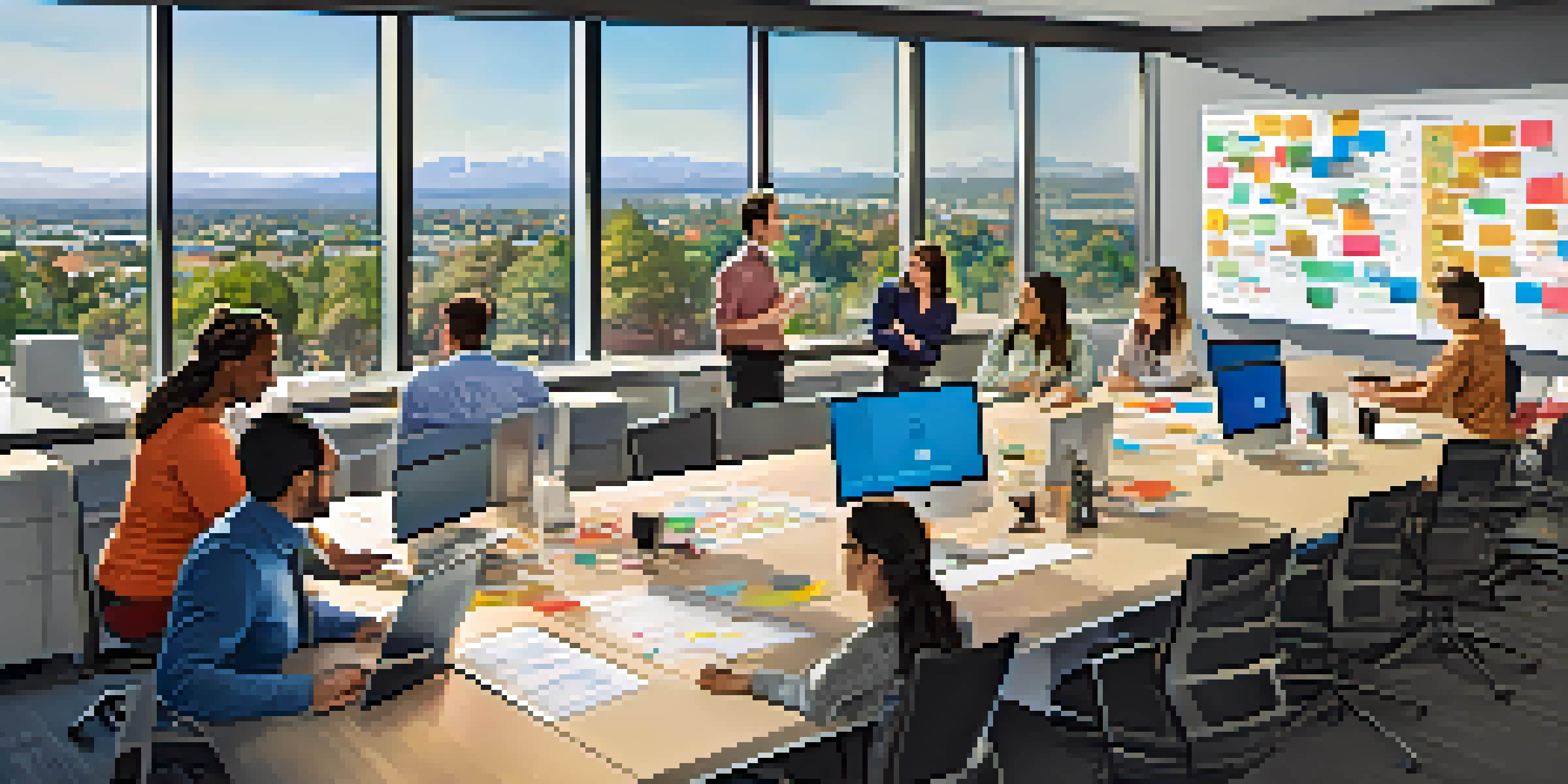 A diverse group of professionals working together in a modern office space with large windows and a view of the Silicon Valley skyline.