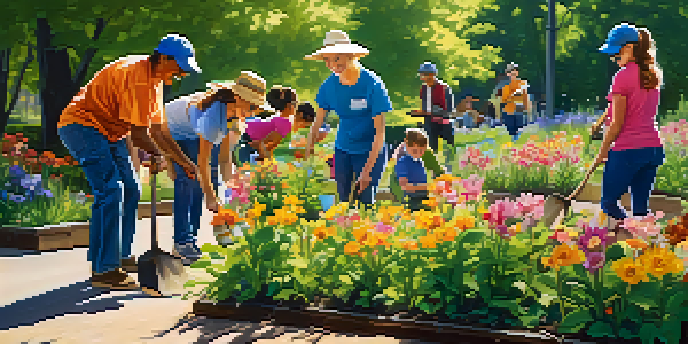 A sunny park filled with volunteers planting flowers and clearing trails, surrounded by greenery and colorful flowers, radiating a sense of community and teamwork.
