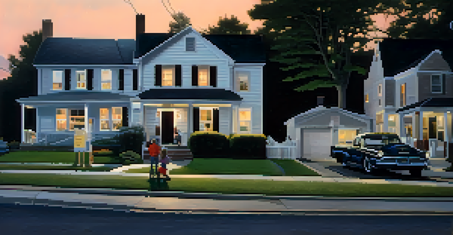 A serene suburban street at dusk with neighbors chatting, children playing, and a neighborhood watch sign visible.