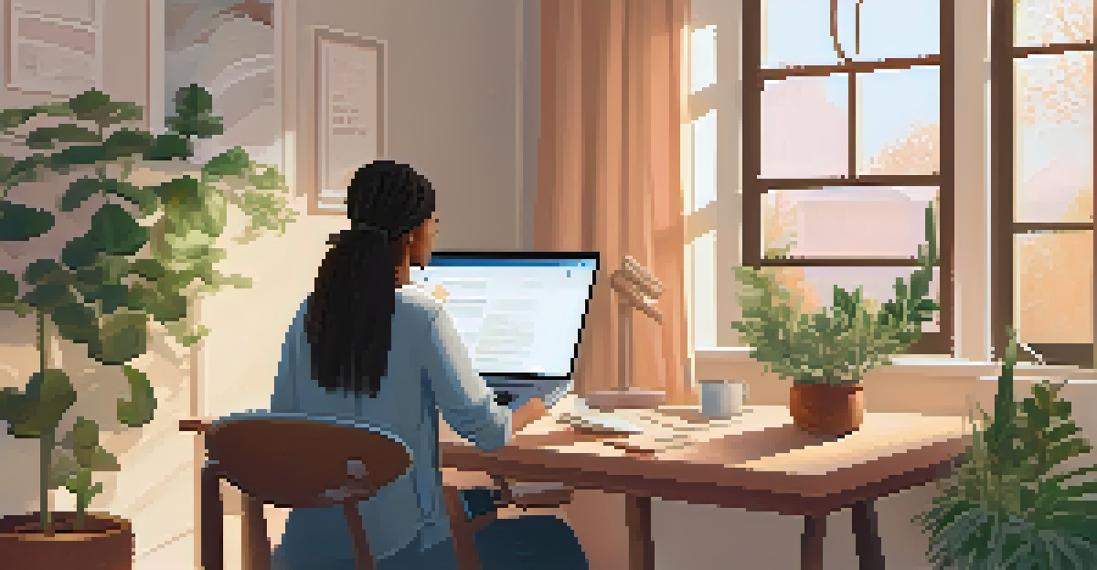 A person sitting in a cozy home office engaged in an online therapy session on a laptop.