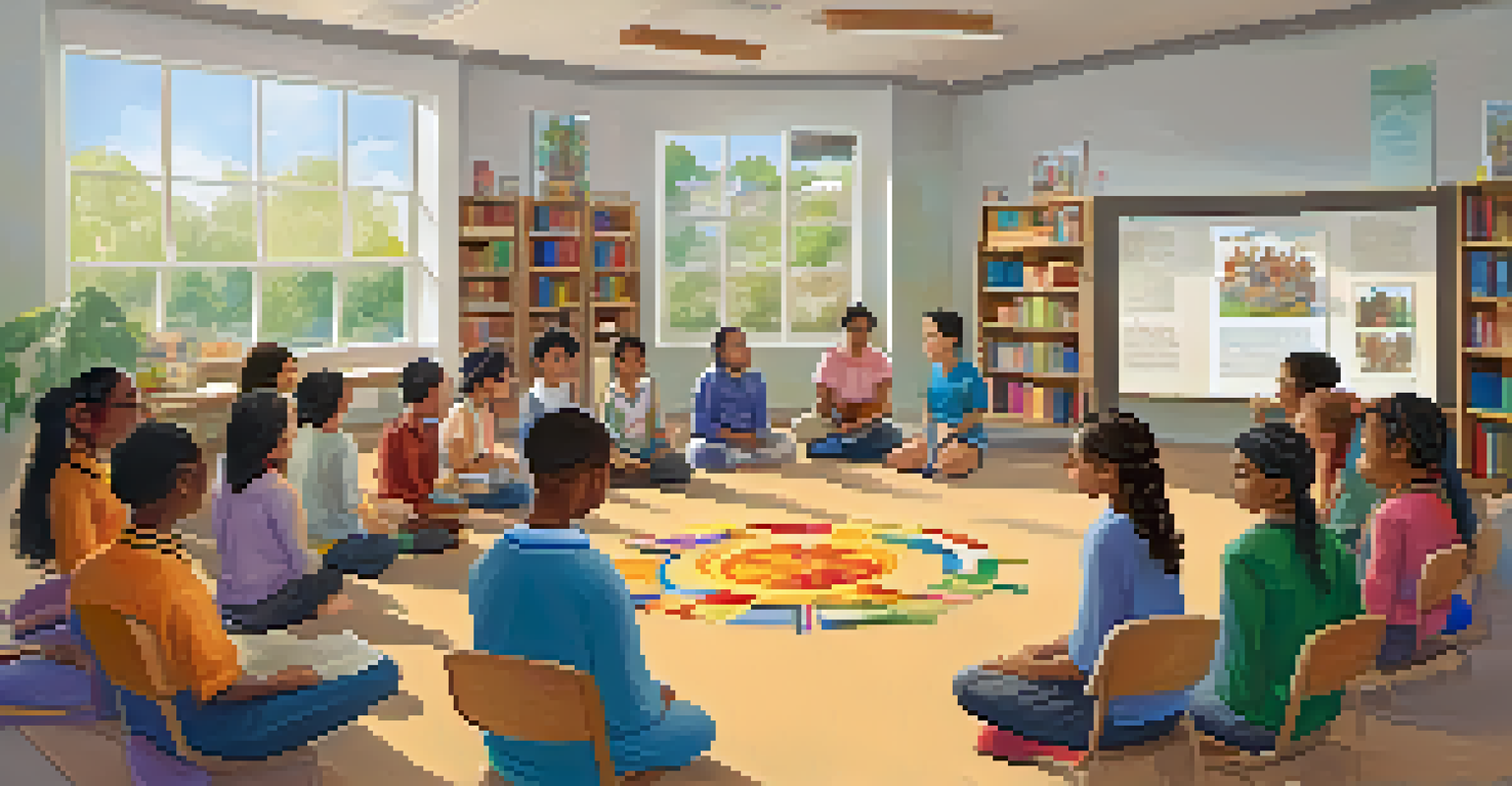 A diverse group of students in a classroom setting participating in an educational workshop about different religions with a guest speaker.