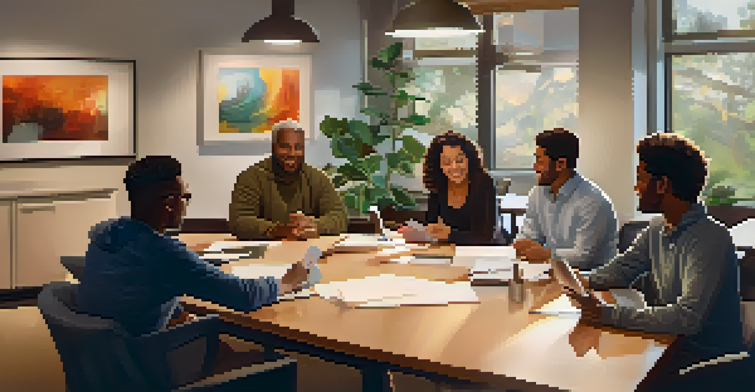 A mentor guiding young entrepreneurs in a cozy meeting room, with laptops and coffee cups.