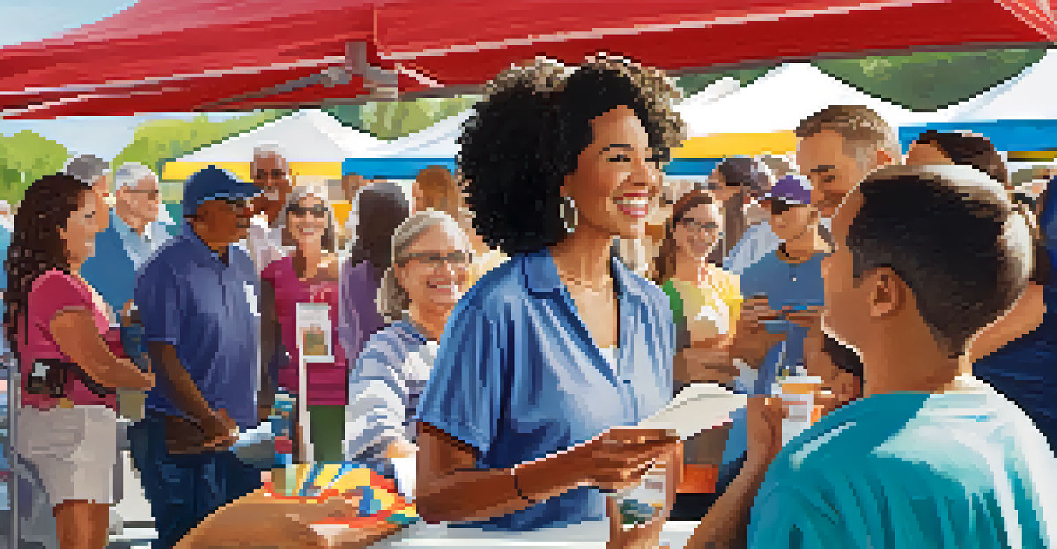 A local business owner smiling and engaging with customers at a community event, with colorful banners and a diverse crowd in the background.