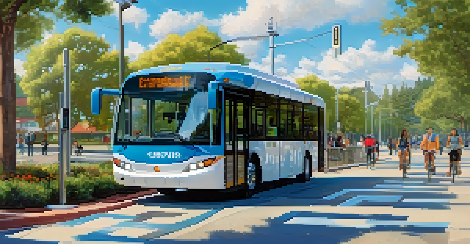 An electric shuttle bus at a bus stop, with bike lanes and pedestrians in a green, vibrant Cupertino setting, highlighting sustainable transportation.
