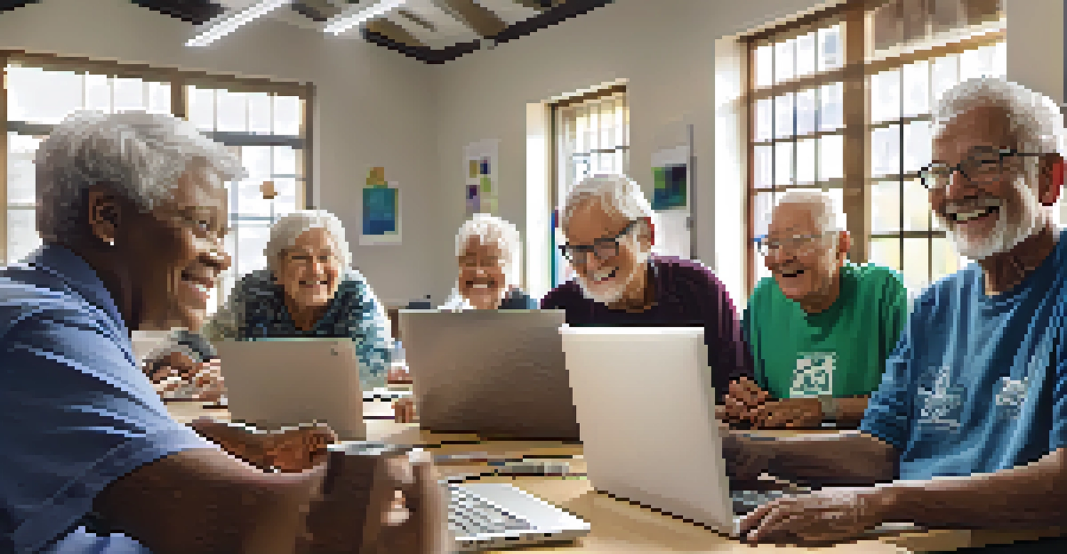 Seniors in a tech workshop at a community center, engaged with devices and an instructor demonstrating on a screen.