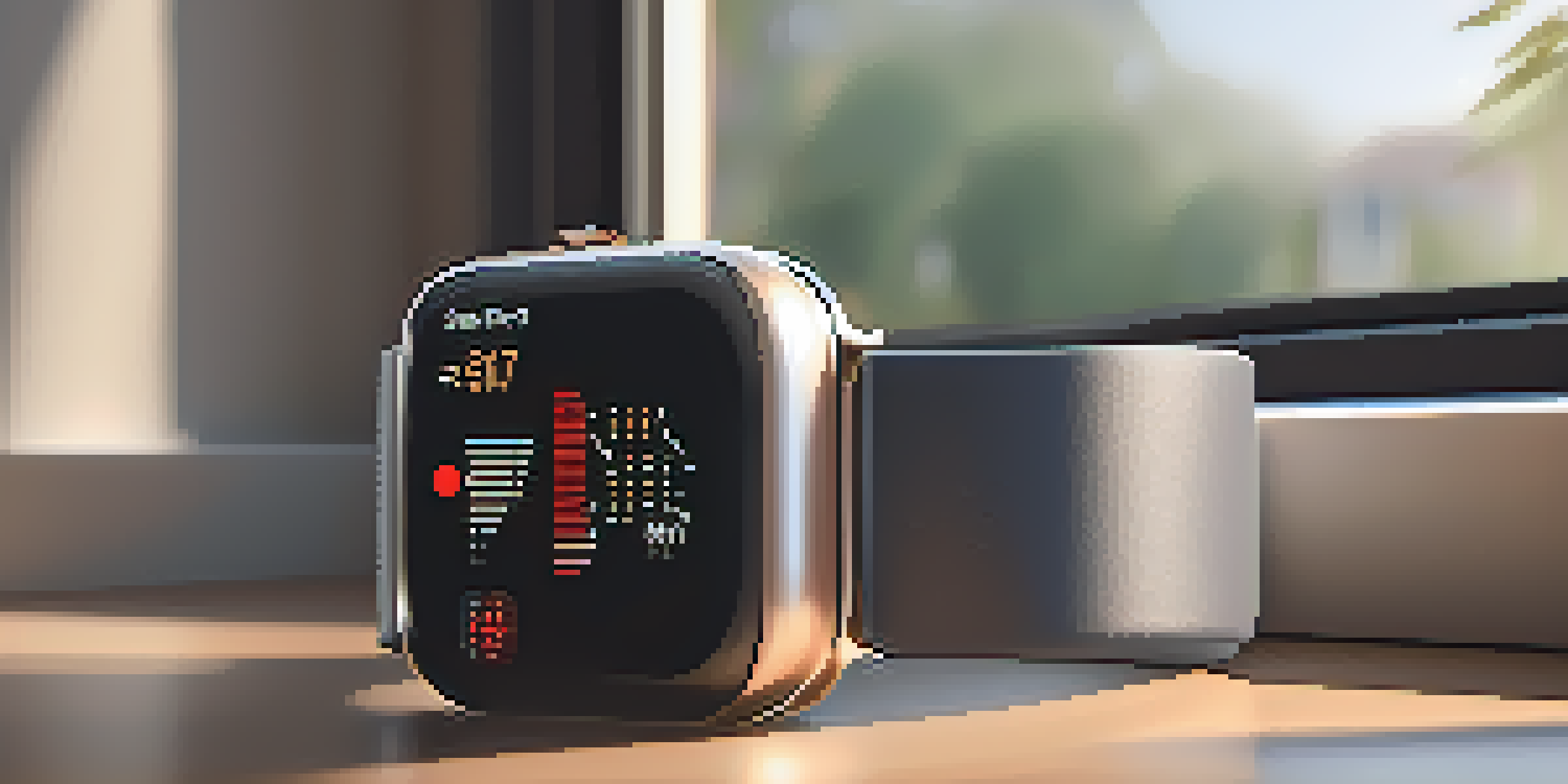 A close-up of an Apple Watch on a wooden desk, showing heart rate and blood oxygen readings with sunlight filtering through a window.