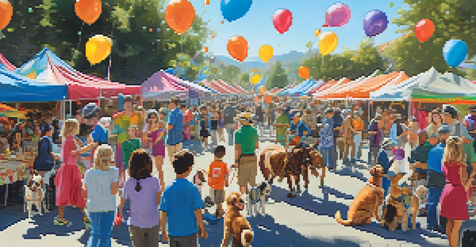 A lively pet festival with a parade of pets in costumes and vendors showcasing pet products.