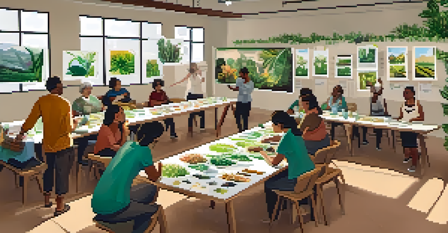 Residents attending a workshop on DIY sustainable products in a community center, with an expert demonstrating eco-friendly alternatives to plastic.