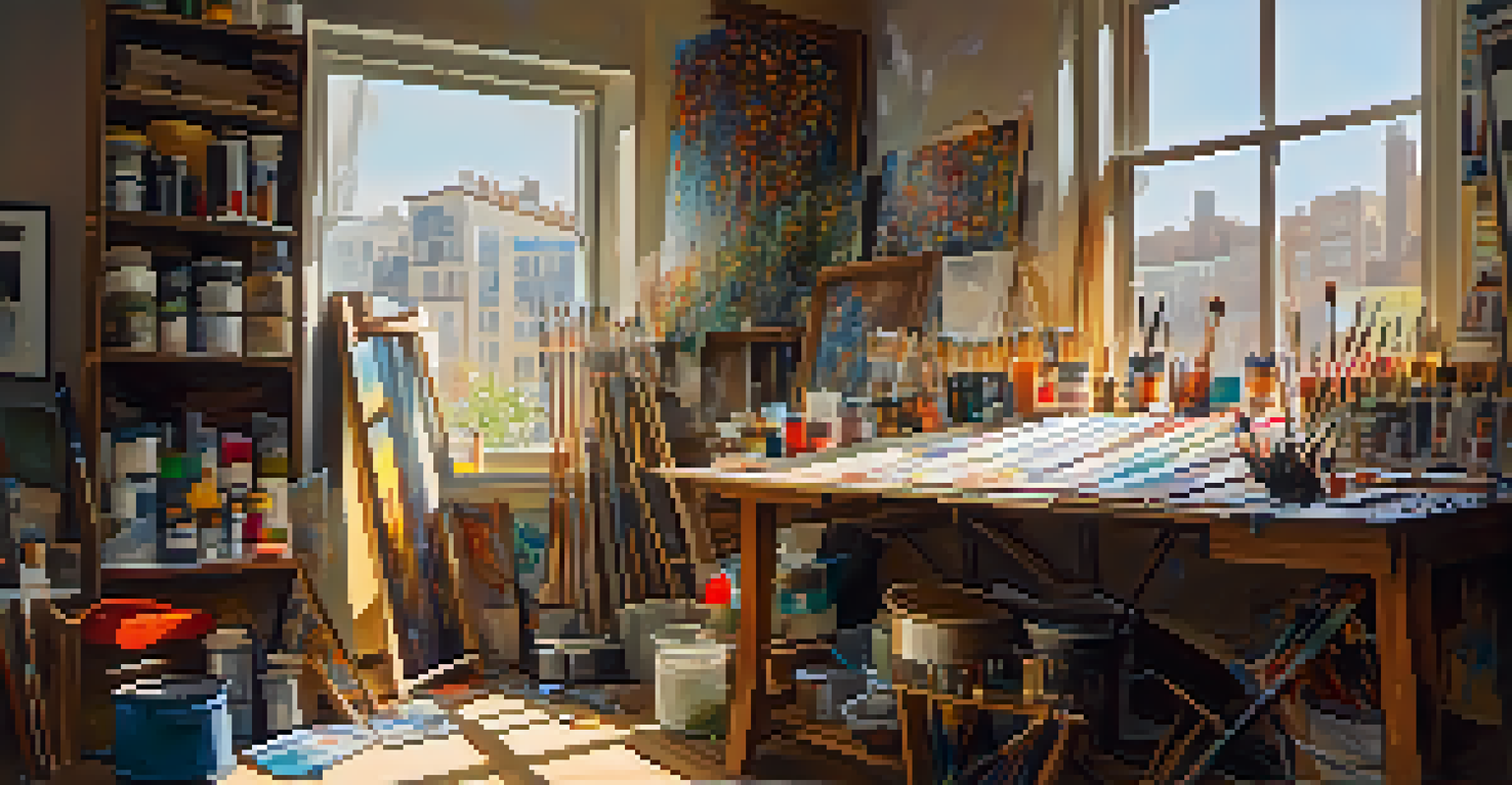 An artist's workspace with canvases and paintbrushes, illuminated by sunlight, showcasing a half-finished cityscape painting.