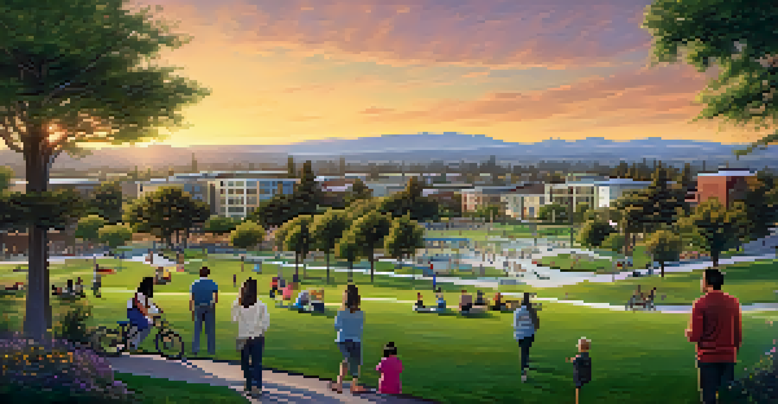 A scenic view of Cupertino's parks and neighborhoods with families enjoying outdoor activities at sunset.