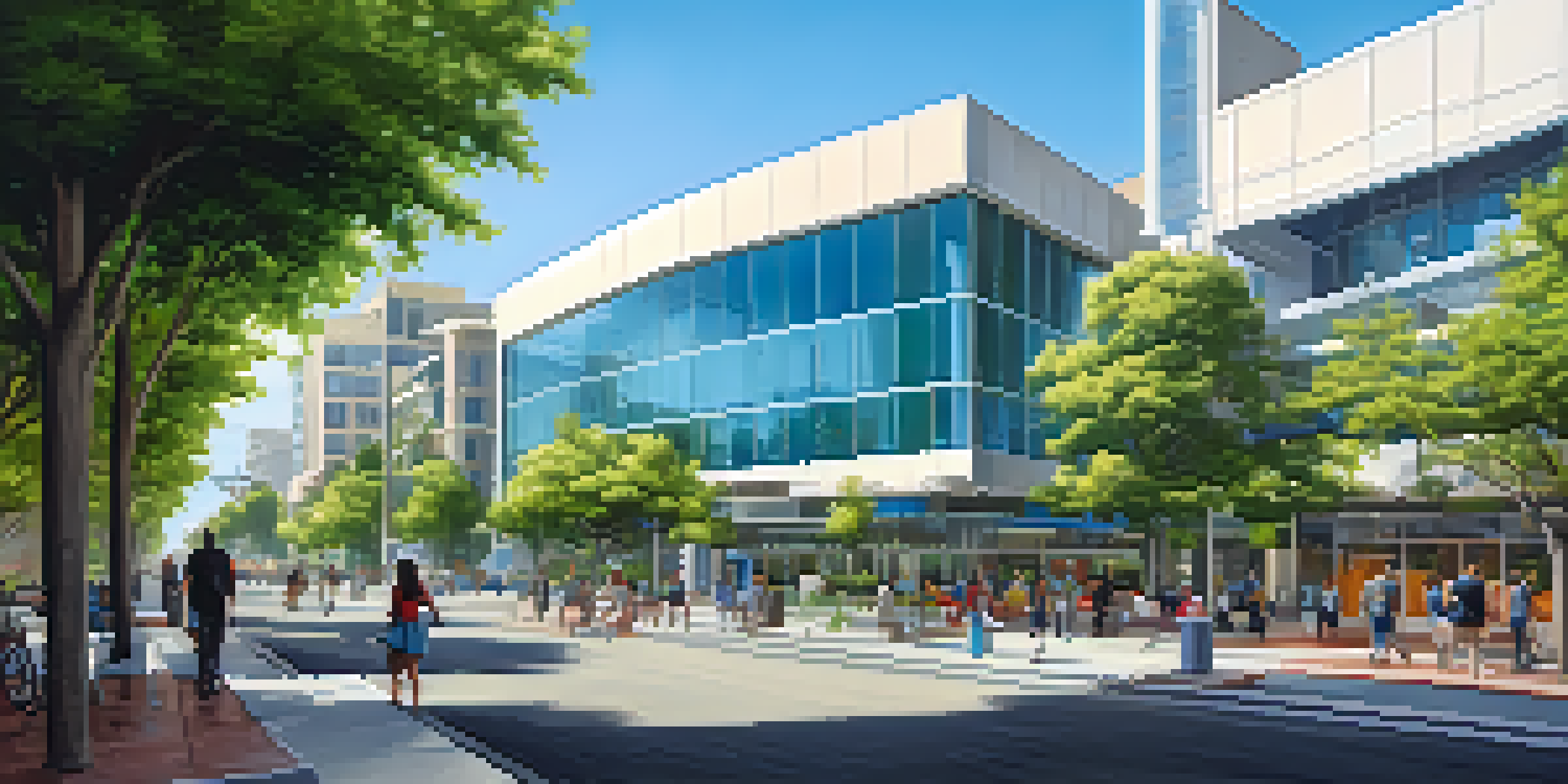 A lively urban scene in Cupertino with modern buildings, green spaces, and people walking, representing creativity and innovation.